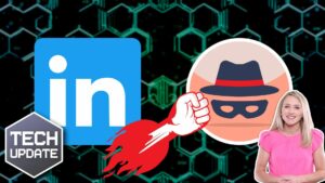 Image with technological background. Symbols: LinkedIn logo, a red fist, and an icon of a face mask and hat. Overlay text: "TECH UPDATE". A woman in a pink shirt stands on the right.