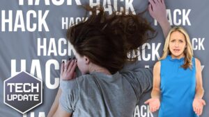 A woman lies face down amidst the word "HACK" repeated multiple times in the background, while another woman in a blue dress stands in the foreground next to a hexagonal "TECH UPDATE" sign.