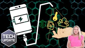 Illustration of a smartphone with a charging symbol, a human hand holding icons of a key and documents, and a woman in a pink shirt smiling. Text reads "TECH UPDATE." Background has a tech design.