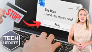 Image showing a person holding a STOP sign credit card towards a laptop screen displaying a phishing message from "The Boss". A presenter stands on the right next to a "Tech Update" logo.