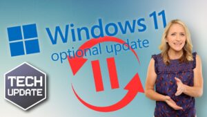 Woman presenting in front of a background displaying "Windows 11 optional update" with a pause symbol and the text "Tech Update" in the bottom left corner.