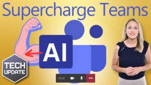 A woman stands beside graphics that include a flexing arm, "AI" text, a Microsoft Teams logo, and the words "Supercharge Teams." A "Tech Update" icon and video call controls are visible at the bottom.