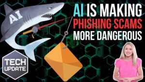 Image of a presentation slide with a headline "AI is Making Phishing Scams More Dangerous," showing a shark labeled "AI" hooking an envelope. A woman stands in the bottom right corner and a "Tech Update" badge is at the bottom left.