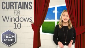 A person stands beside a window with outdoor scenery, in front of closed red curtains, with text reading "CURTAINS for Windows 10" and a "TECH UPDATE" logo on the bottom left.