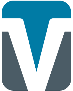 A simple, abstract logo featuring a bold, capital letter "V" in the center with a blue and gray color scheme. The design has angular edges and fills the frame.