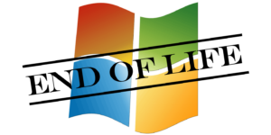 Windows icon with "End of Life" stamped over it diagonally in black text.